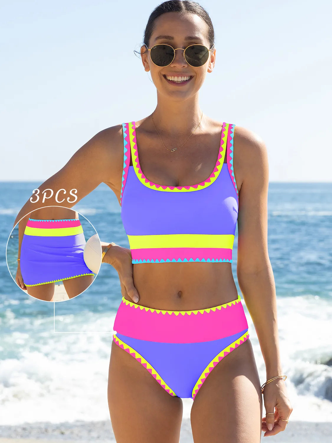 Malibu 3-Piece Colorblock Bikini Set with Skirt
