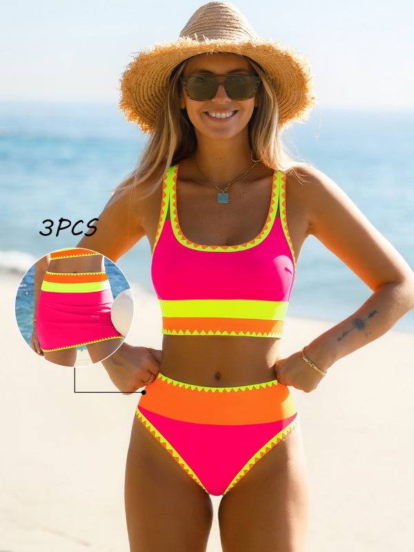 Malibu 3-Piece Colorblock Bikini Set with Skirt