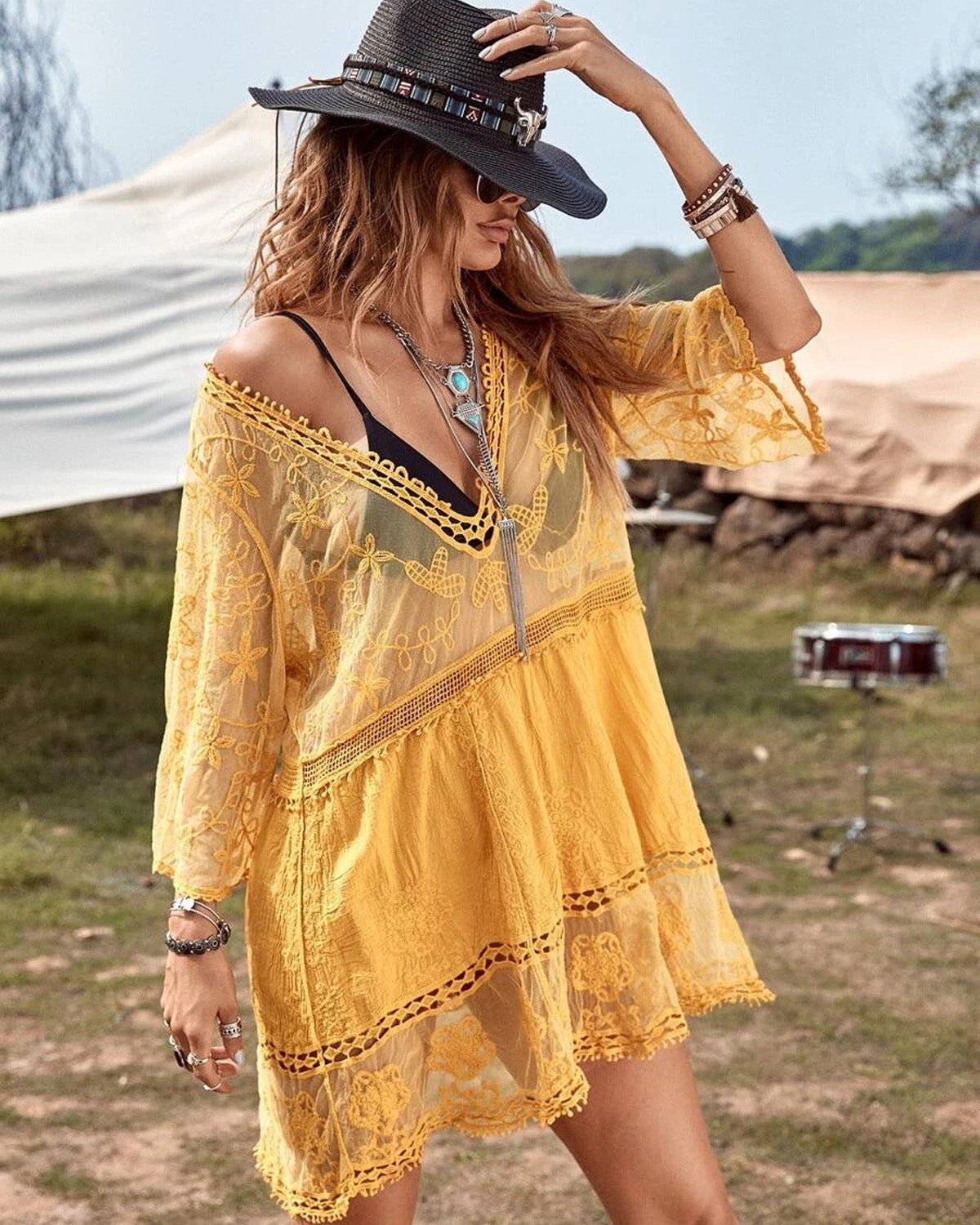 Floral Sheer Mesh Lace Beach Cover Up Dress