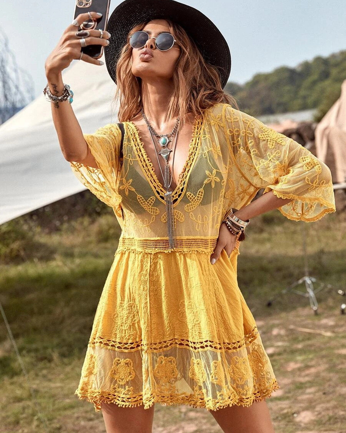 Floral Sheer Mesh Lace Beach Cover Up Dress