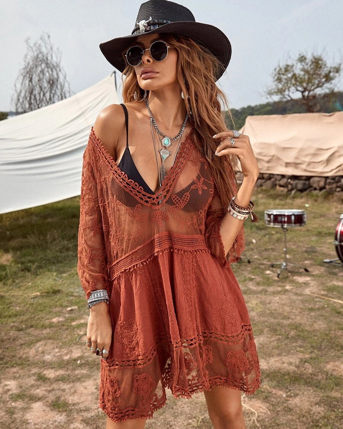 Floral Sheer Mesh Lace Beach Cover Up Dress