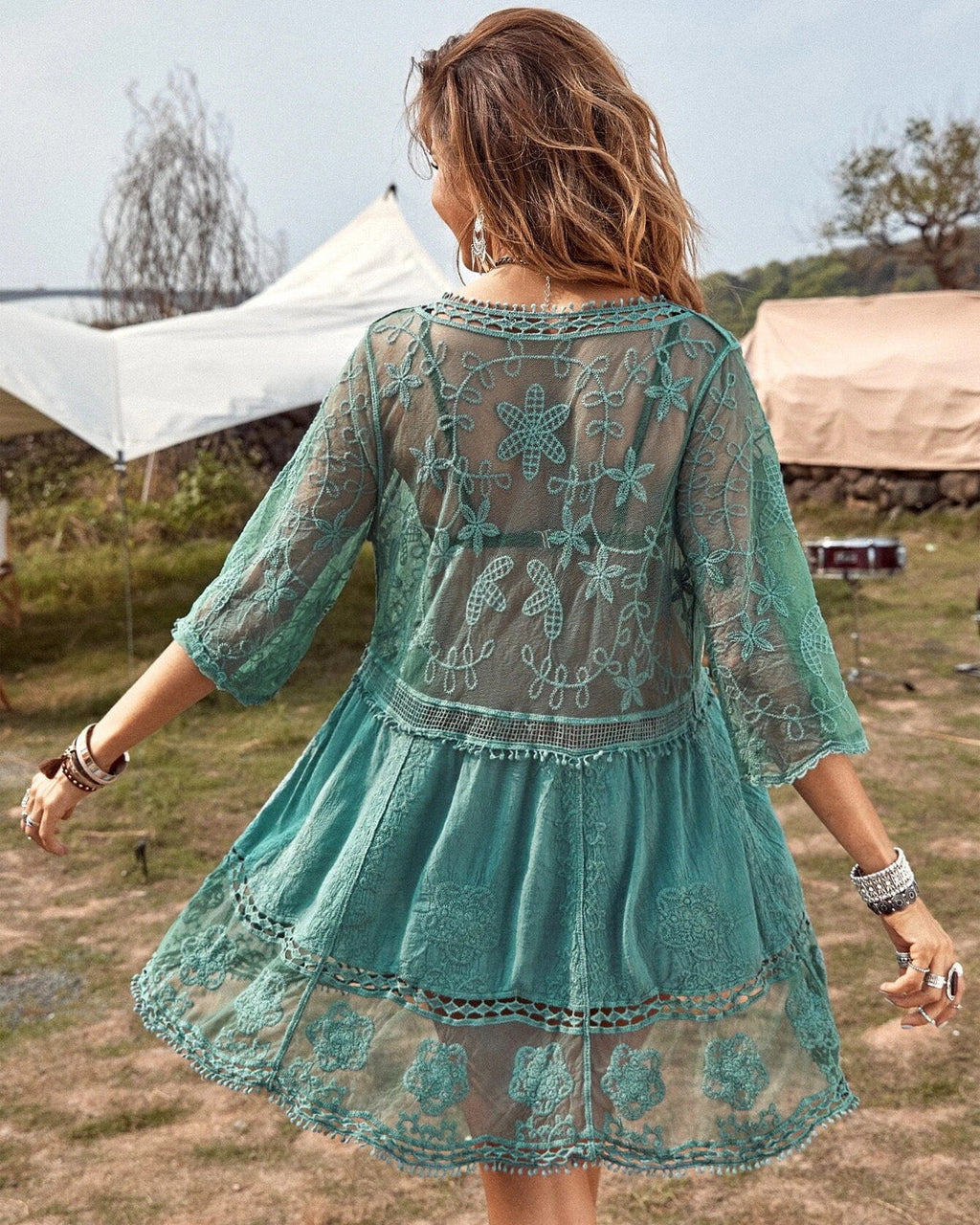 Floral Sheer Mesh Lace Beach Cover Up Dress