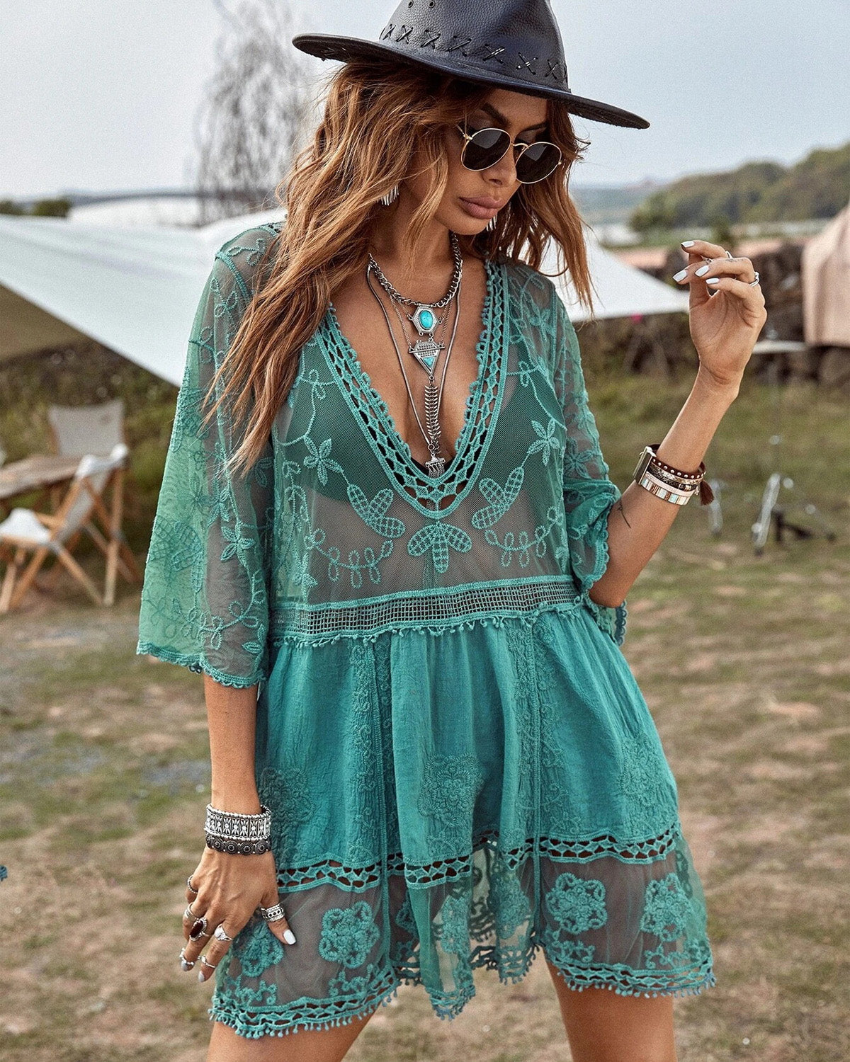 Floral Sheer Mesh Lace Beach Cover Up Dress