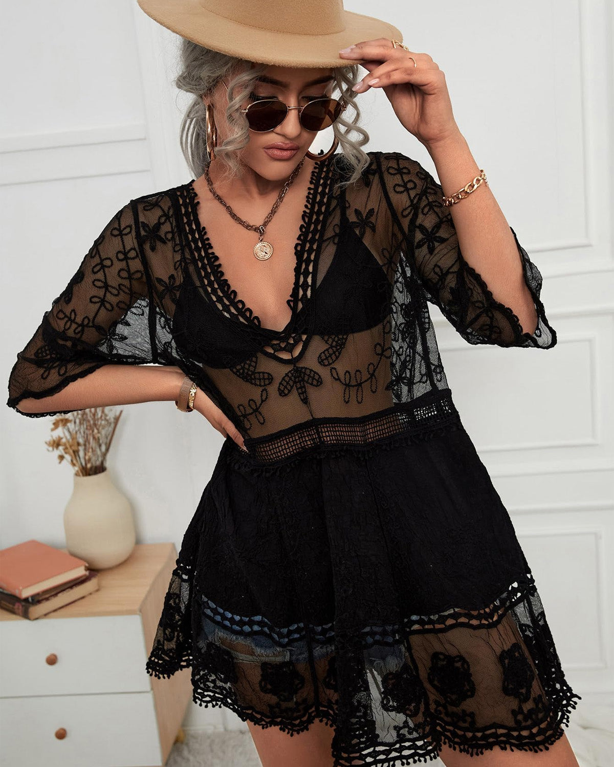 Floral Sheer Mesh Lace Beach Cover Up Dress