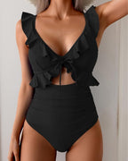 Ruffle Trim Tie Front One Piece Swimsuit