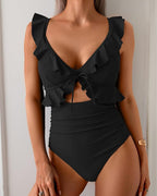 Ruffle Trim Tie Front One Piece Swimsuit