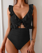 Ruffle Trim Tie Front One Piece Swimsuit