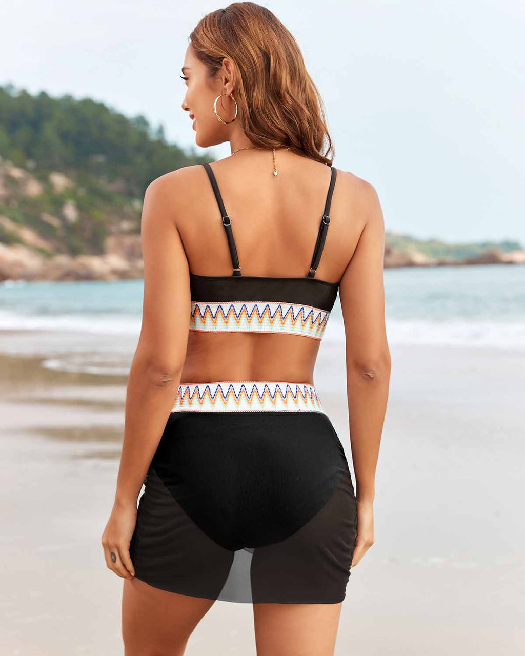 Boho Zigzag Bikini Set with Mesh Skirt