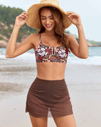 Floral Print Ruched Skirt Bikini Set