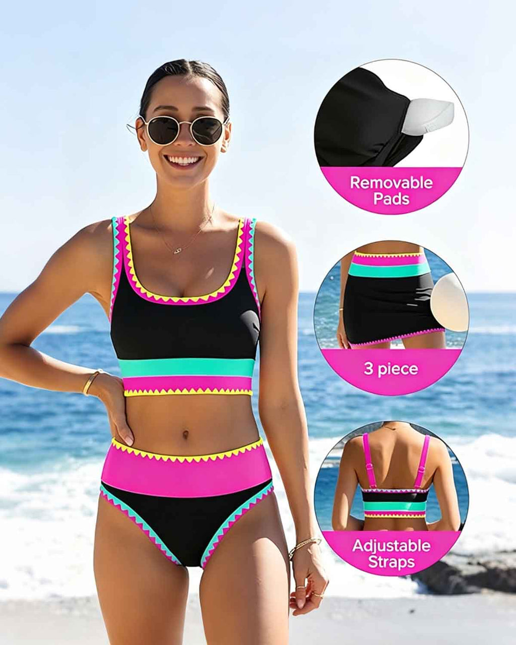 Malibu 3-Piece Colorblock Bikini Set with Skirt